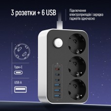 Фільтр живлення ColorWay CW-CHE36PDB 20W (3 USB-A + 3 TYPE-C) 3 розетки, 6 USB, 2 м, чорний (CW-CHE36PDB)