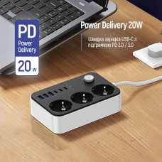 Фільтр живлення ColorWay CW-CHE36PDB 20W (3 USB-A + 3 TYPE-C) 3 розетки, 6 USB, 2 м, чорний (CW-CHE36PDB)