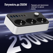 Фільтр живлення ColorWay CW-CHE36PDB 20W (3 USB-A + 3 TYPE-C) 3 розетки, 6 USB, 2 м, чорний (CW-CHE36PDB)
