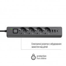Фільтр живлення ColorWay CW-CHE435PDB 4 розетки, 3USB (2USB-A + 1 TYPE-C) (24W), 2м, Black (CW-CHE435PDB)