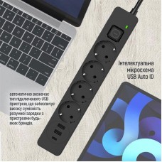 Фільтр живлення ColorWay CW-CHE435PDB 4 розетки, 3USB (2USB-A + 1 TYPE-C) (24W), 2м, Black (CW-CHE435PDB)