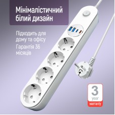 Фільтр живлення ColorWay CW-CHE44PDW 4 розетки, 4USB (Type-C PD20W + 3USB QC3.0) (45W), 2 м, White (CW-CHE44PDW)