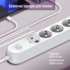 Фільтр живлення ColorWay CW-CHE44PDW 4 розетки, 4USB (Type-C PD20W + 3USB QC3.0) (45W), 2 м, White (CW-CHE44PDW)