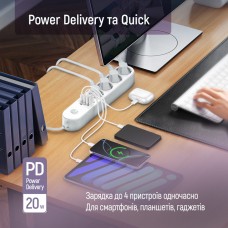 Фільтр живлення ColorWay CW-CHE44PDW 4 розетки, 4USB (Type-C PD20W + 3USB QC3.0) (45W), 2 м, White (CW-CHE44PDW)