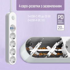 Фільтр живлення ColorWay CW-CHE44PDW 4 розетки, 4USB (Type-C PD20W + 3USB QC3.0) (45W), 2 м, White (CW-CHE44PDW)