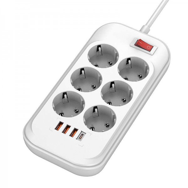 Фільтр живлення ColorWay CW-CHE64PDW 6 розеток, 4USB (Type-C PD20W + 3USB QC3.0) (38W), 2м, White (CW-CHE64PDW)
