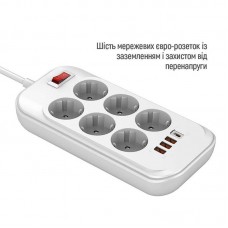 Фільтр живлення ColorWay CW-CHE64PDW 6 розеток, 4USB (Type-C PD20W + 3USB QC3.0) (38W), 2м, White (CW-CHE64PDW)