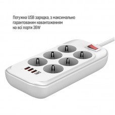 Фільтр живлення ColorWay CW-CHE64PDW 6 розеток, 4USB (Type-C PD20W + 3USB QC3.0) (38W), 2м, White (CW-CHE64PDW)
