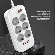 Фільтр живлення ColorWay CW-CHE64PDW 6 розеток, 4USB (Type-C PD20W + 3USB QC3.0) (38W), 2м, White (CW-CHE64PDW)