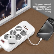 Фільтр живлення ColorWay CW-CHE64PDW 6 розеток, 4USB (Type-C PD20W + 3USB QC3.0) (38W), 2м, White (CW-CHE64PDW)