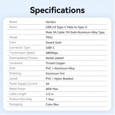 Кабель Vention USB Type-C - USB Type-C (M/M), 60W, 3A, 2 м, Copper (TRDJH)