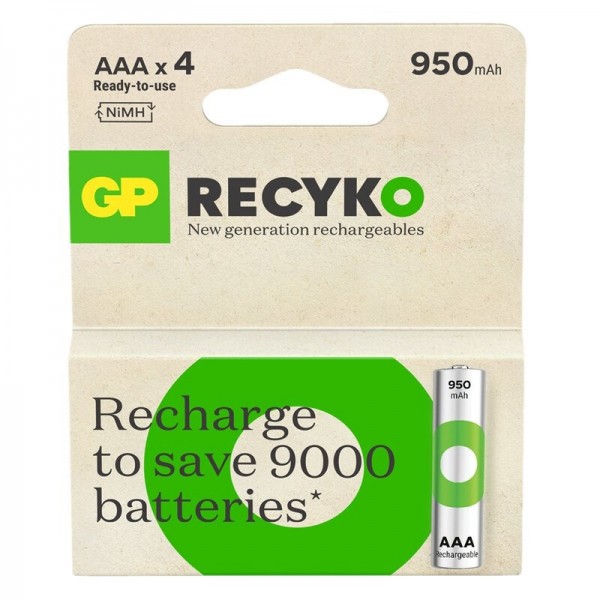 Акумулятори GP Recyko Eco AAA/HR03 NI-MH 950mAh Box 4 шт (GP100AAAHCER21-2TLB4)