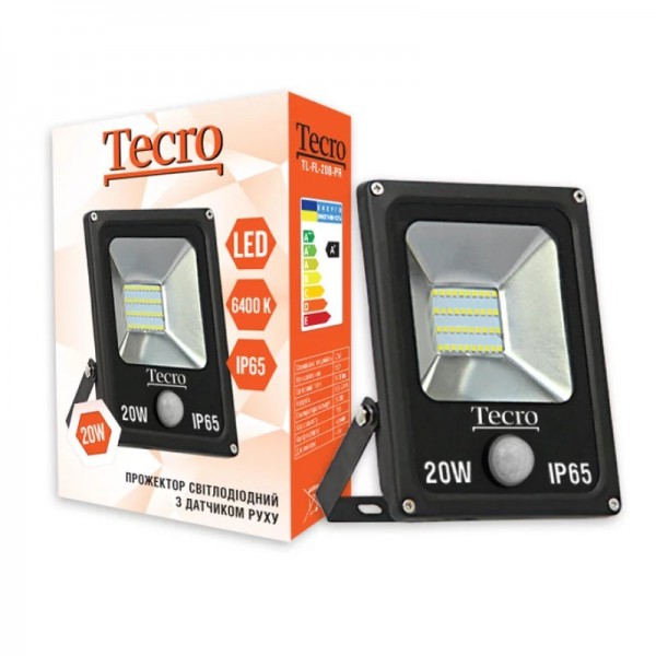 Світлодіодний прожектор Tecro TL-FL-20B-PR 20W 6400K з датчиком руху (TL-FL-20B-PR)