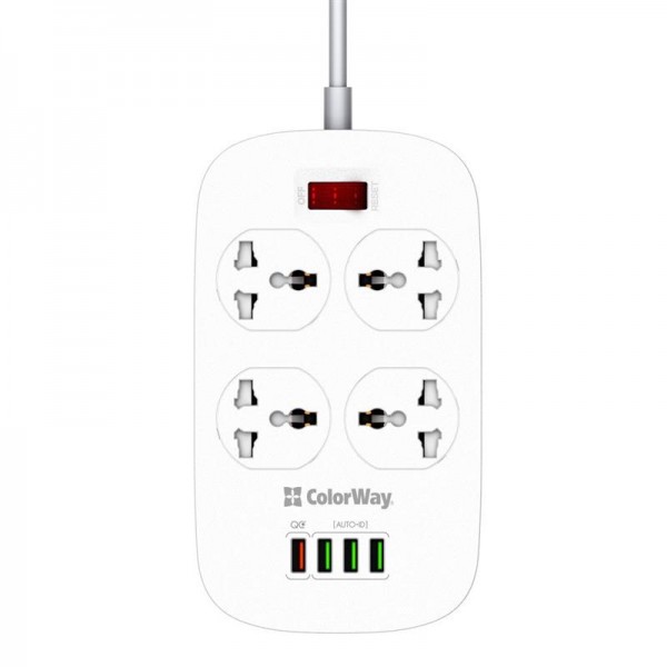 Фільтр живлення ColorWay CW-CHU44QW 4 розетки, 4 USB (1QC3.0+3 AUTO ID), 1.8 м, білий (CW-CHU44QW)