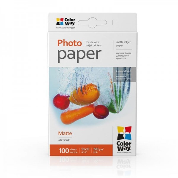 Фотопапiр ColorWay матовий 190г/м2 10x15см 100 арк. (PM1901004R)