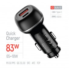 Автомобільний зарядний пристрій ColorWay 2USB (Type-C PD65W + USB QC3.0 18W) 83W Black (CW-CHA068PD-BK)