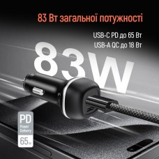 Автомобільний зарядний пристрій ColorWay 2USB (Type-C PD65W + USB QC3.0 18W) 83W Black (CW-CHA068PD-BK)