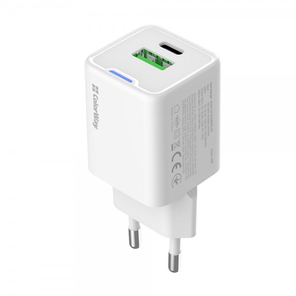 Мережевий зарядний пристрій ColorWay GaN Mini 20W PD Port PPS USB (Type-C PD + USB QC4.0) White (CW-CHS062PD-WT)