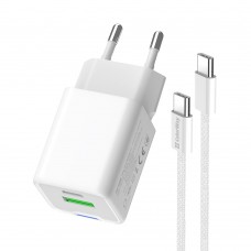 Мережевий зарядний пристрій ColorWay GaN Mini 20W PD Port PPS USB (Type-C PD + USB QC4.0) White (CW-CHS062PDC-WT) + кабель Type-C