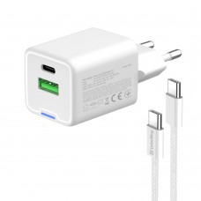 Мережевий зарядний пристрій ColorWay GaN Mini 20W PD Port PPS USB (Type-C PD + USB QC4.0) White (CW-CHS062PDC-WT) + кабель Type-C