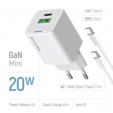 Мережевий зарядний пристрій ColorWay GaN Mini 20W PD Port PPS USB (Type-C PD + USB QC4.0) White (CW-CHS062PDC-WT) + кабель Type-C
