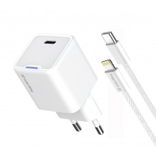 Мережевий зарядний пристрій ColorWay GaN Mini 20W PD Port PPS USB-C White (CW-CHS059PD-WT) + кабель Lightning (CW-CHS059PDL-WT)