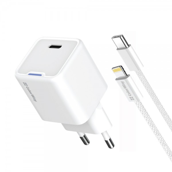 Мережевий зарядний пристрій ColorWay GaN Mini 20W PD Port PPS USB-C White (CW-CHS059PD-WT) + кабель Lightning (CW-CHS059PDL-WT)