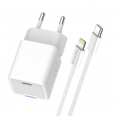 Мережевий зарядний пристрій ColorWay GaN Mini 20W PD Port PPS USB-C White (CW-CHS059PD-WT) + кабель Lightning (CW-CHS059PDL-WT)