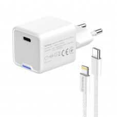 Мережевий зарядний пристрій ColorWay GaN Mini 20W PD Port PPS USB-C White (CW-CHS059PD-WT) + кабель Lightning (CW-CHS059PDL-WT)