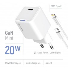 Мережевий зарядний пристрій ColorWay GaN Mini 20W PD Port PPS USB-C White (CW-CHS059PD-WT) + кабель Lightning (CW-CHS059PDL-WT)