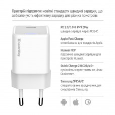 Мережевий зарядний пристрій ColorWay GaN Mini 20W PD Port PPS USB-C White (CW-CHS059PD-WT) + кабель Lightning (CW-CHS059PDL-WT)
