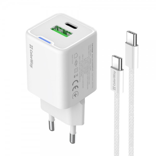 Мережевий зарядний пристрій ColorWay GaN Mini 30W PD Port PPS USB (Type-C PD + USB QC4.0) White (CW-CHS053PDC-WT) + кабель USB Type-C