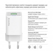 Мережевий зарядний пристрій ColorWay GaN Mini 30W PD Port PPS USB (Type-C PD + USB QC4.0) White (CW-CHS053PDC-WT) + кабель USB Type-C