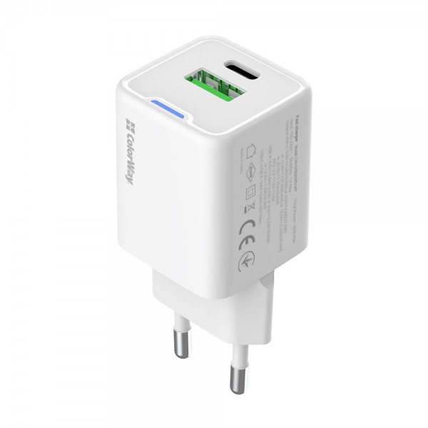 Мережевий зарядний пристрій ColorWay GaN Mini 35W PD Port PPS USB (Type-C PD + USB QC4.0) White (CW-CHS055PD-WT)