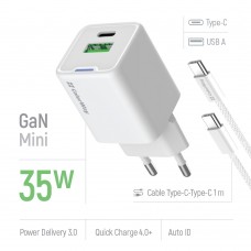 Мережевий зарядний пристрій ColorWay GaN Mini 35W PD Port PPS USB (Type-C PD + USB QC4.0) White (CW-CHS055PDC-WT) + кабель USB Type-C