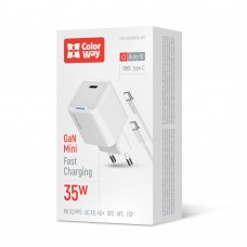 Мережевий зарядний пристрій ColorWay GaN Mini 35W PD Port PPS USB-C White (CW-CHS056PDC-WT) + кабель USB Type-C