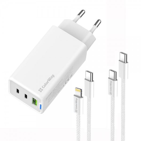 Мережевий зарядний пристрій ColorWay GaN Mini 65W PD Port PPS USB (USB-2C1A) White (CW-CHS058PDCL-WT) + кабель