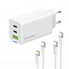 Мережевий зарядний пристрій ColorWay GaN Mini 65W PD Port PPS USB (USB-2C1A) White (CW-CHS058PDCL-WT) + кабель