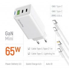 Мережевий зарядний пристрій ColorWay GaN Mini 65W PD Port PPS USB (USB-2C1A) White (CW-CHS058PDCL-WT) + кабель