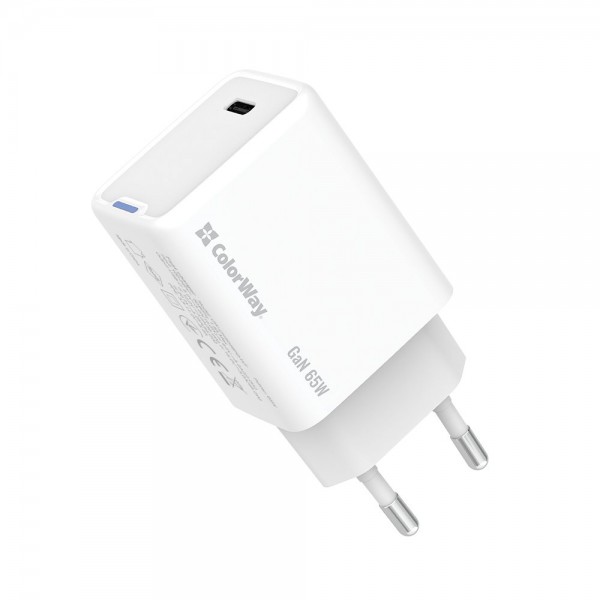 Мережевий зарядний пристрій ColorWay GaN Mini 65W PD Port PPS USB-C White (CW-CHS049PD-WT)