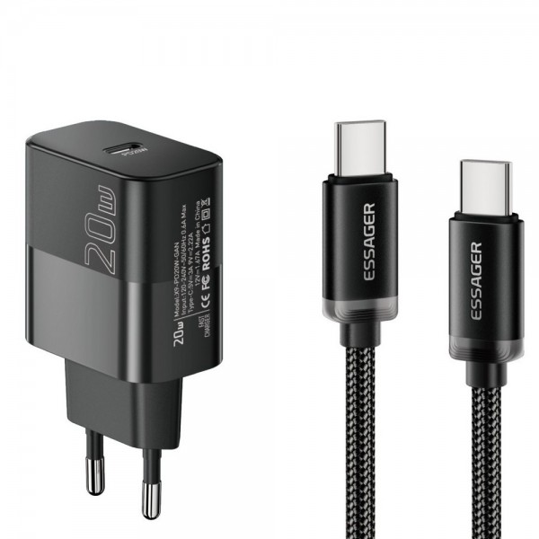Мережевий зарядний пристрій Essager Travel Charger 20W USB-C Black (E20JSB1-SYTT1-T) + кабель USB Type-C