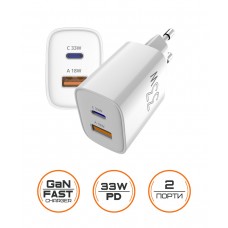 Мережевий зарядний пристрій Sigma mobile X-power 33W GaN, PD, QC (1xUSB-C + 1xUSB-A) White (PS33-01)