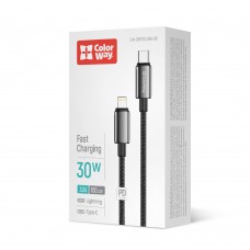 Кабель ColorWay USB Type-C - Lightning (M/M), zinc alloy braided, 3А, 1 м, Black (CW-CBPDCL098-BK)