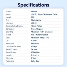 Кабель Vention USB Type-C - USB Type-C (M/F), 100W, 5A, 0.5 м, Black (TRFBD) Кабель Vention USB Type-C - USB Type-C (M/F), 100W, 5A, 0.5 м, Black (TRFBD)