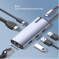 Док-станція СolorWay USB-C 6-в-1 Type C PD 100W/USB3.0х3/HDMI 4К/RJ45 (CW-HUB02)