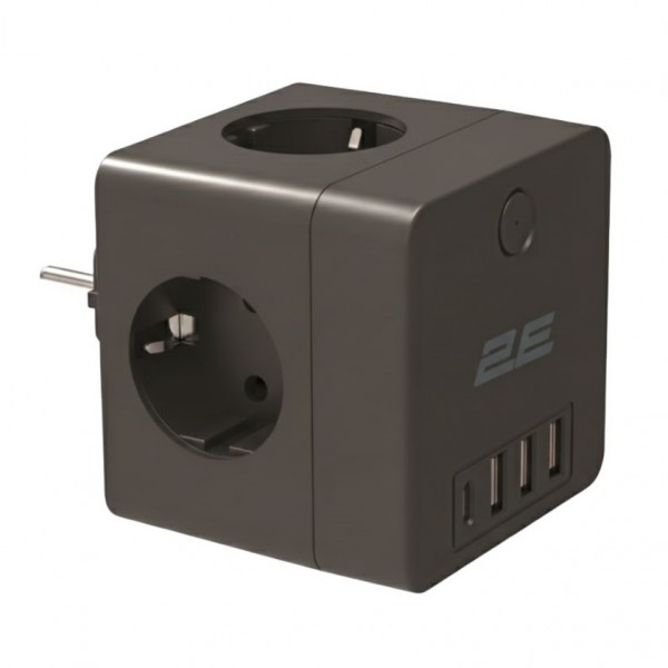 Мережевий адаптер 2E 4xТип F, 16A, 3xUSB-A, 1x USB-C, чорний (2E-AD431BK)