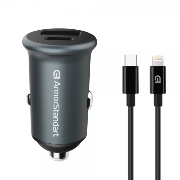 Автомобильное зарядное устройство ArmorStandart 1USB 1Type-C PD 20W 2.4A QC 3.0 Grey + кабель Type-C-Lightning (ARM82460)