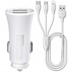 Автомобильное зарядное устройство Remax 2USB 2.4A White (6954851288206) + кабель Lightning/microUSB/Type-C
