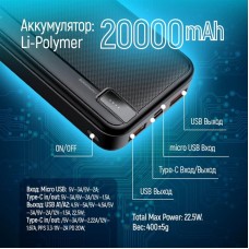 УМБ ColorWay High-power 20000mAh 2USB 1Type-C 5A Black (CW-PB200LPA4BK-PD)