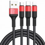 Кабель Hoco X26 XPress Charging 3in1 USB-Lightning-MicroUSB-Type-C 2A 1m Black/Red (K22852)